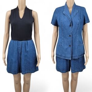 High Drama Vintage Women's Blue Denim Shorts Romper and Denim Shirt